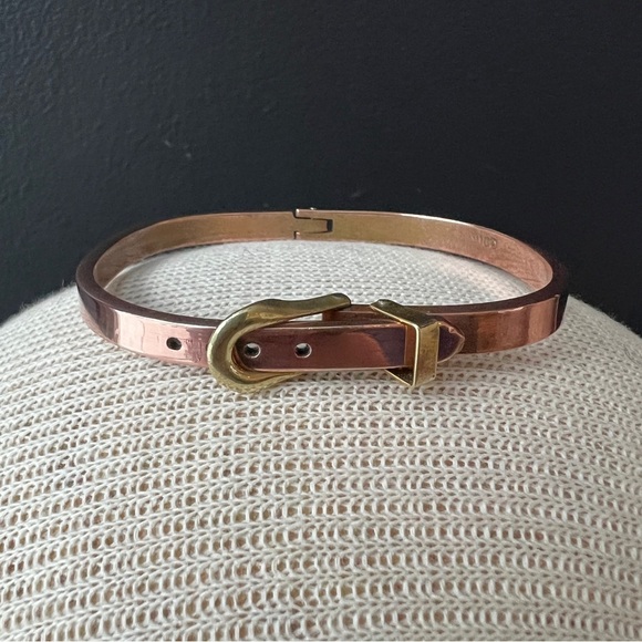 Vintage Copper & Brass Belt Buckle Bracelet Adjustable Hinged Signed Mexico 70s - Picture 2 of 7